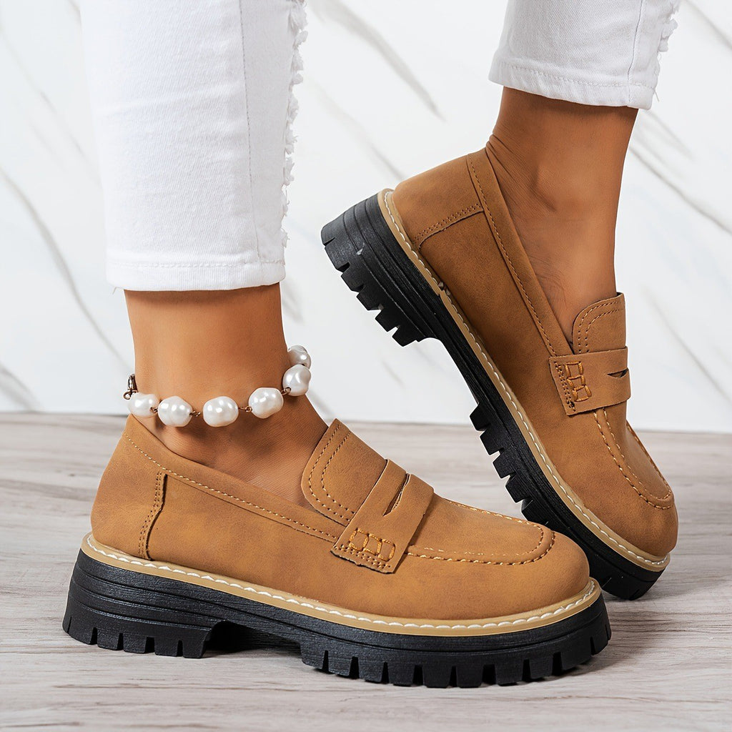 Contrast Stitch Faux Suede Lug Sole Penny Loafers - Camel