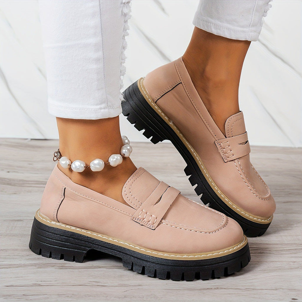Contrast Stitch Faux Suede Lug Sole Penny Loafers - Pink