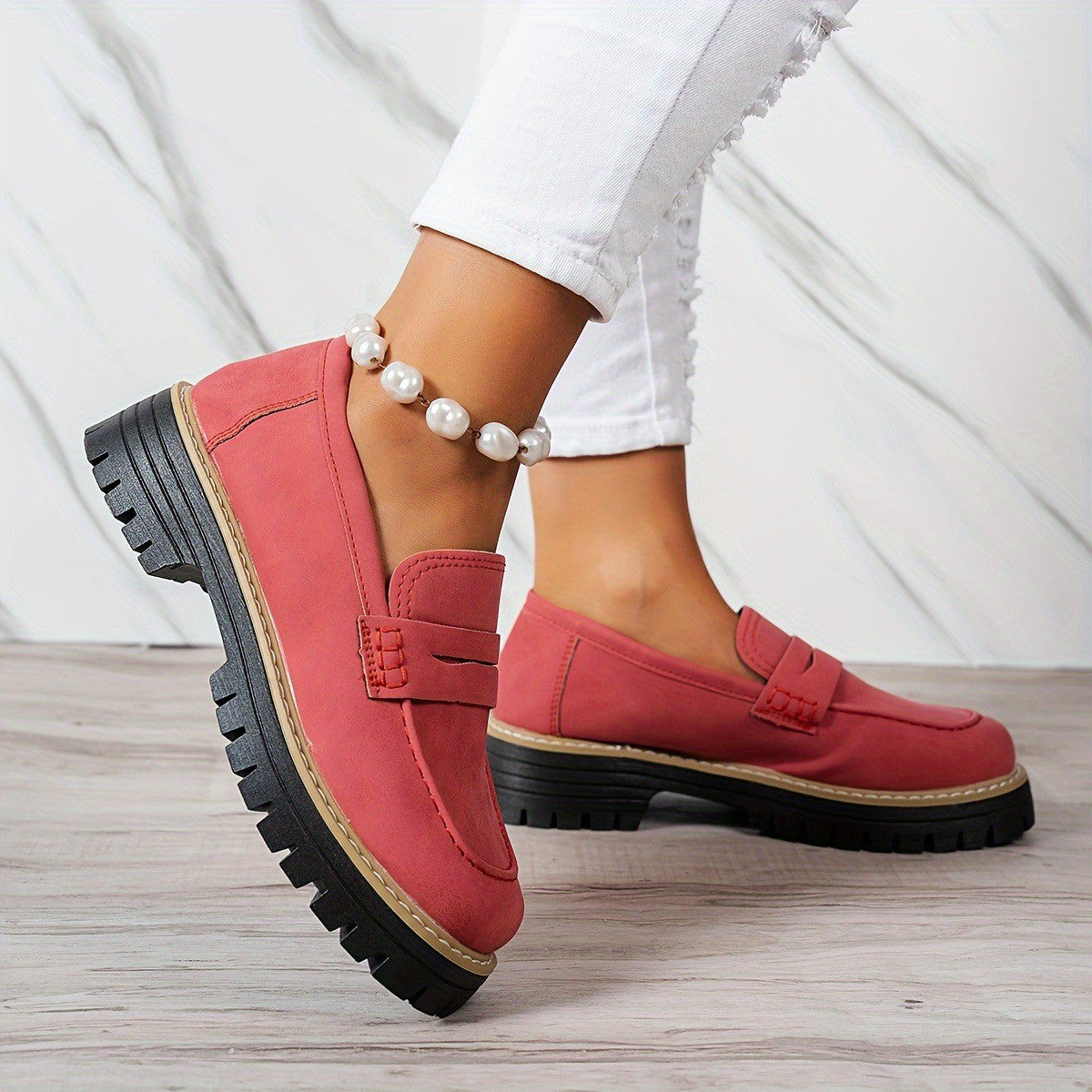 Contrast Stitch Faux Suede Lug Sole Penny Loafers - Red