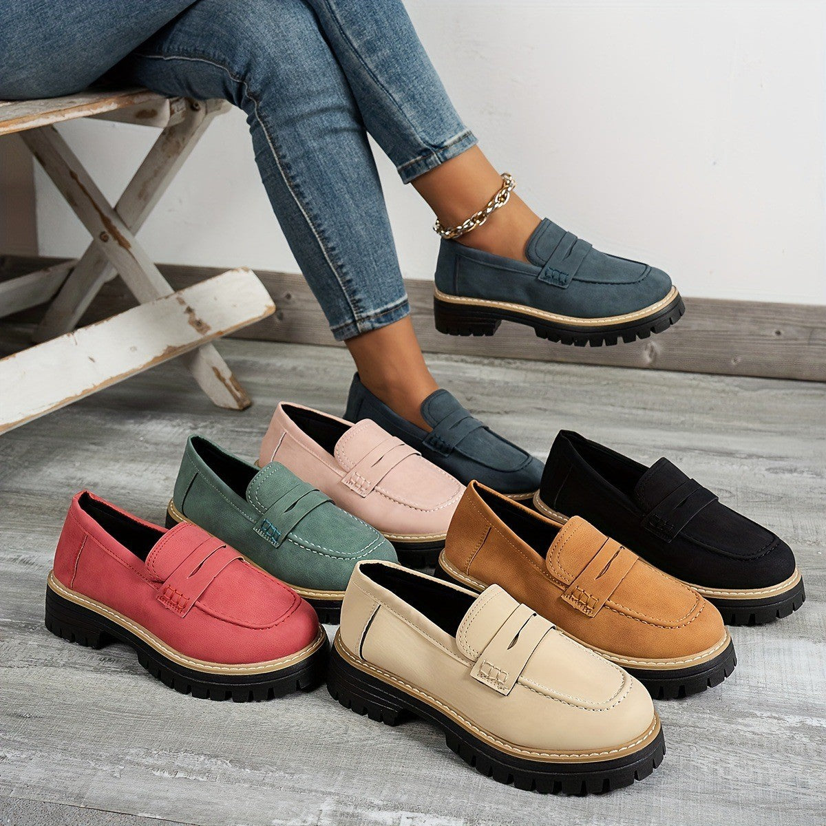 Contrast Stitch Faux Suede Lug Sole Penny Loafers