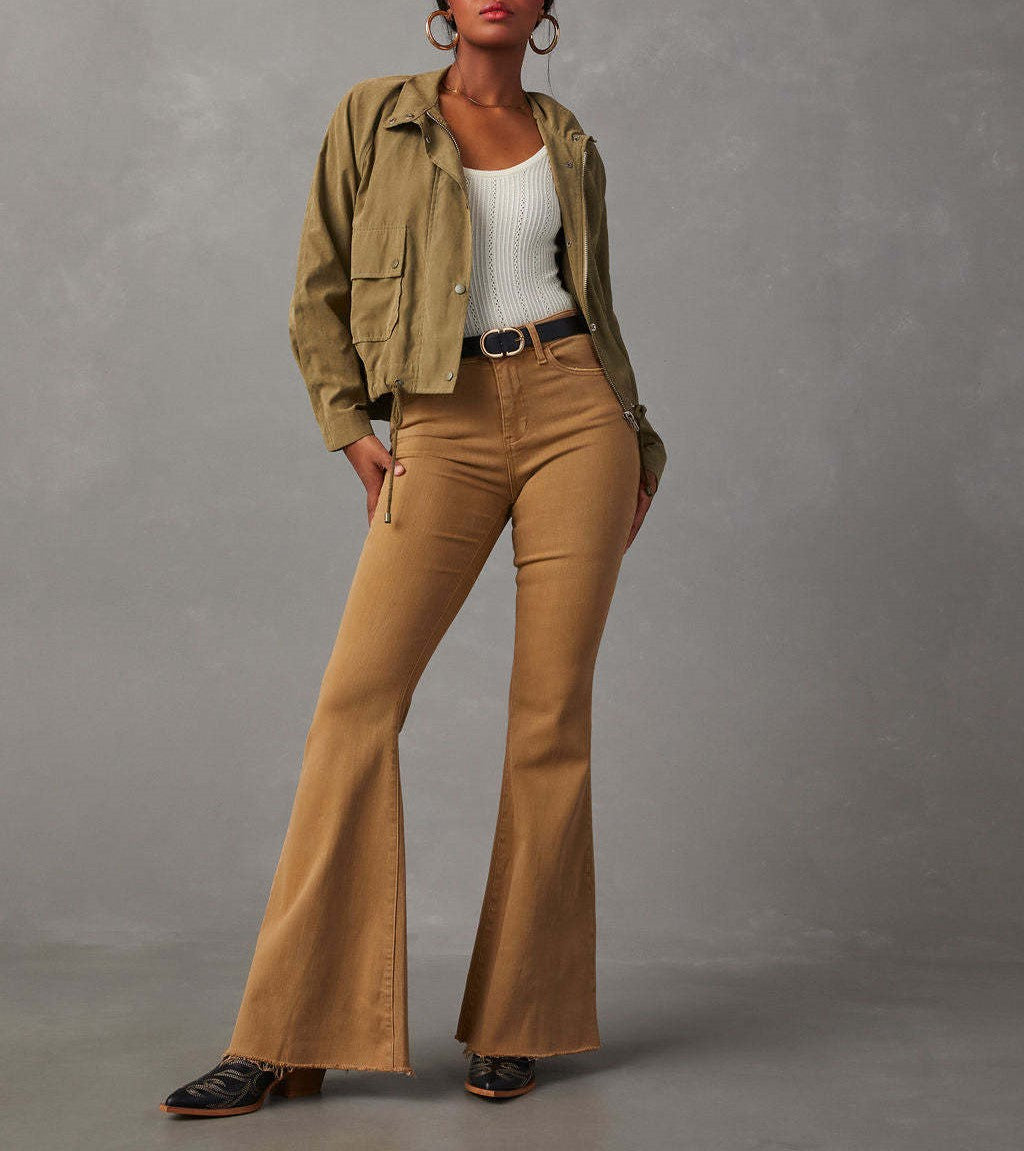 High Waist Vintage Slim Flare Jeans - Khakia