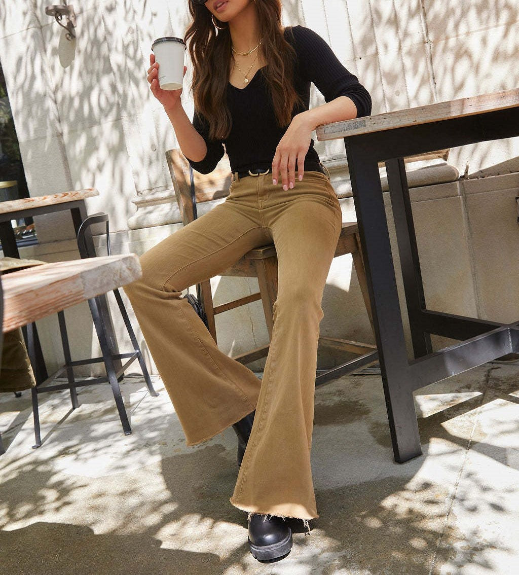 High Waist Vintage Slim Flare Jeans - Khakia - 6