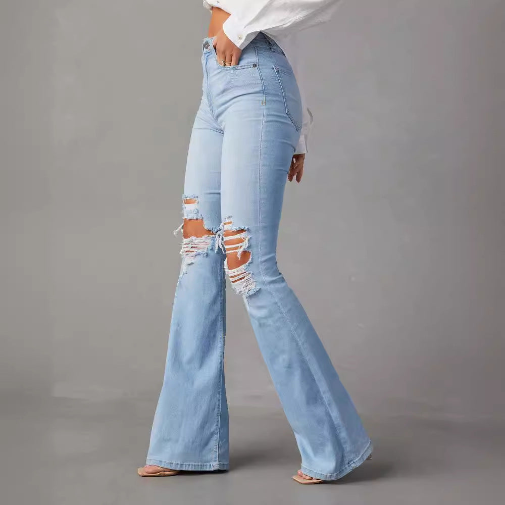 High Waist Distressed Flare Jeans - LightBlue - 1