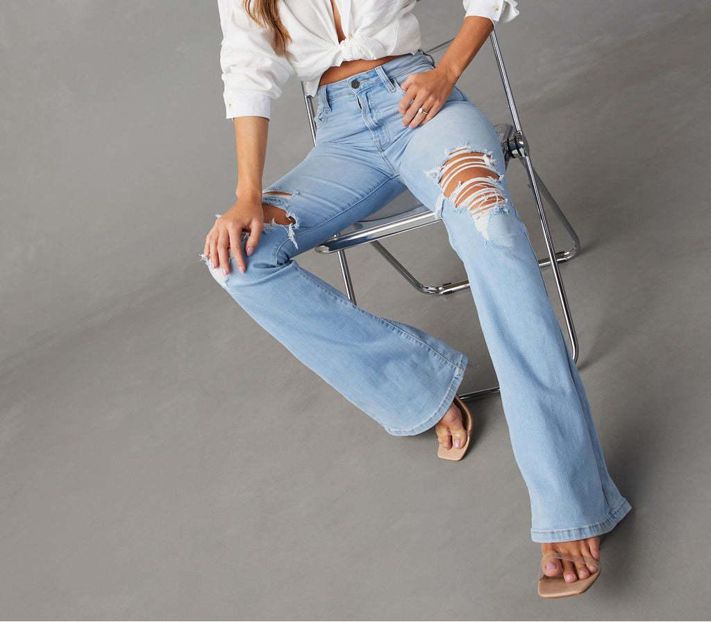High Waist Distressed Flare Jeans - LightBlue - 3
