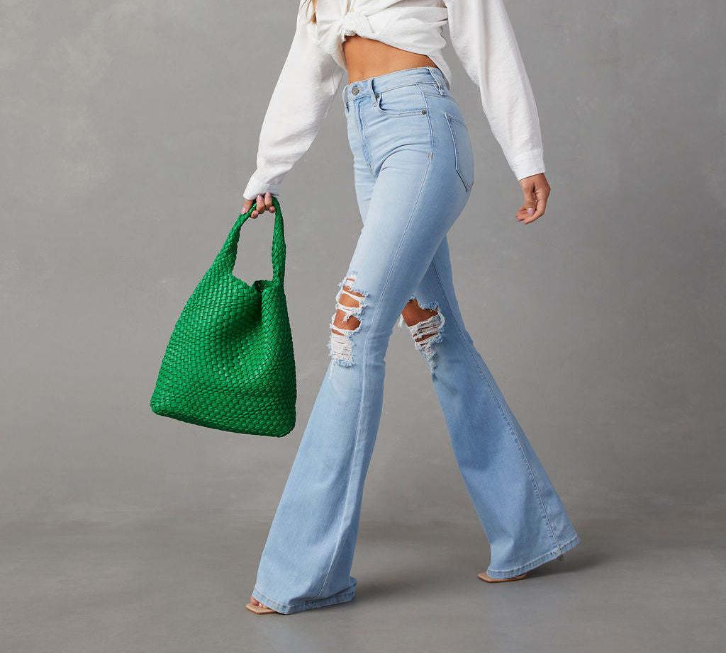 High Waist Distressed Flare Jeans - LightBlue - 4