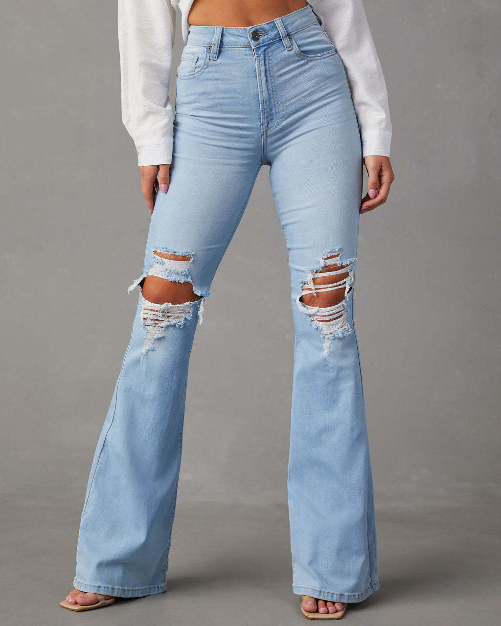 High Waist Distressed Flare Jeans - LightBlue - 5