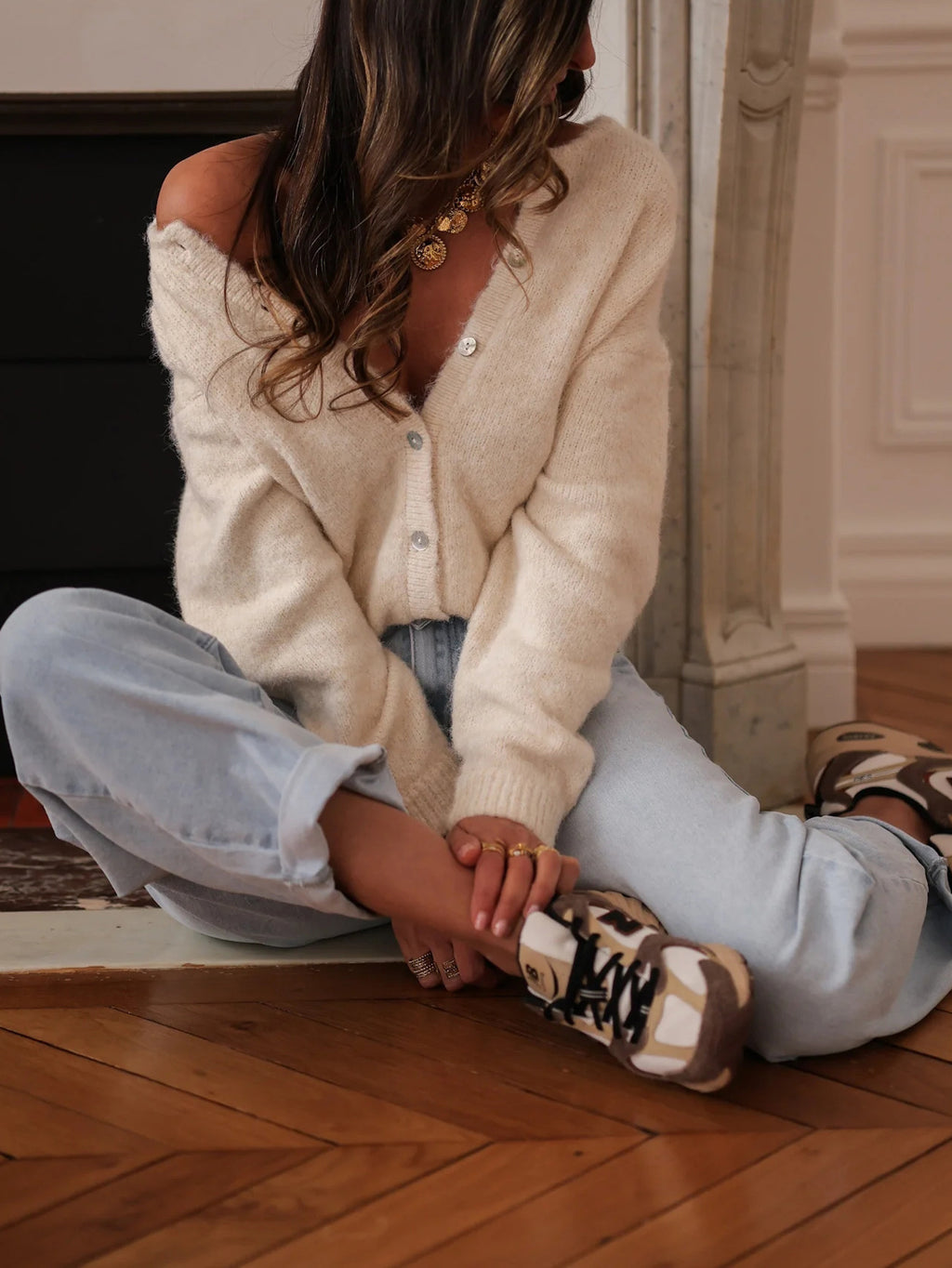 Brushed Knit Button Cardigan With Deep V Neckline - Apricot - 2