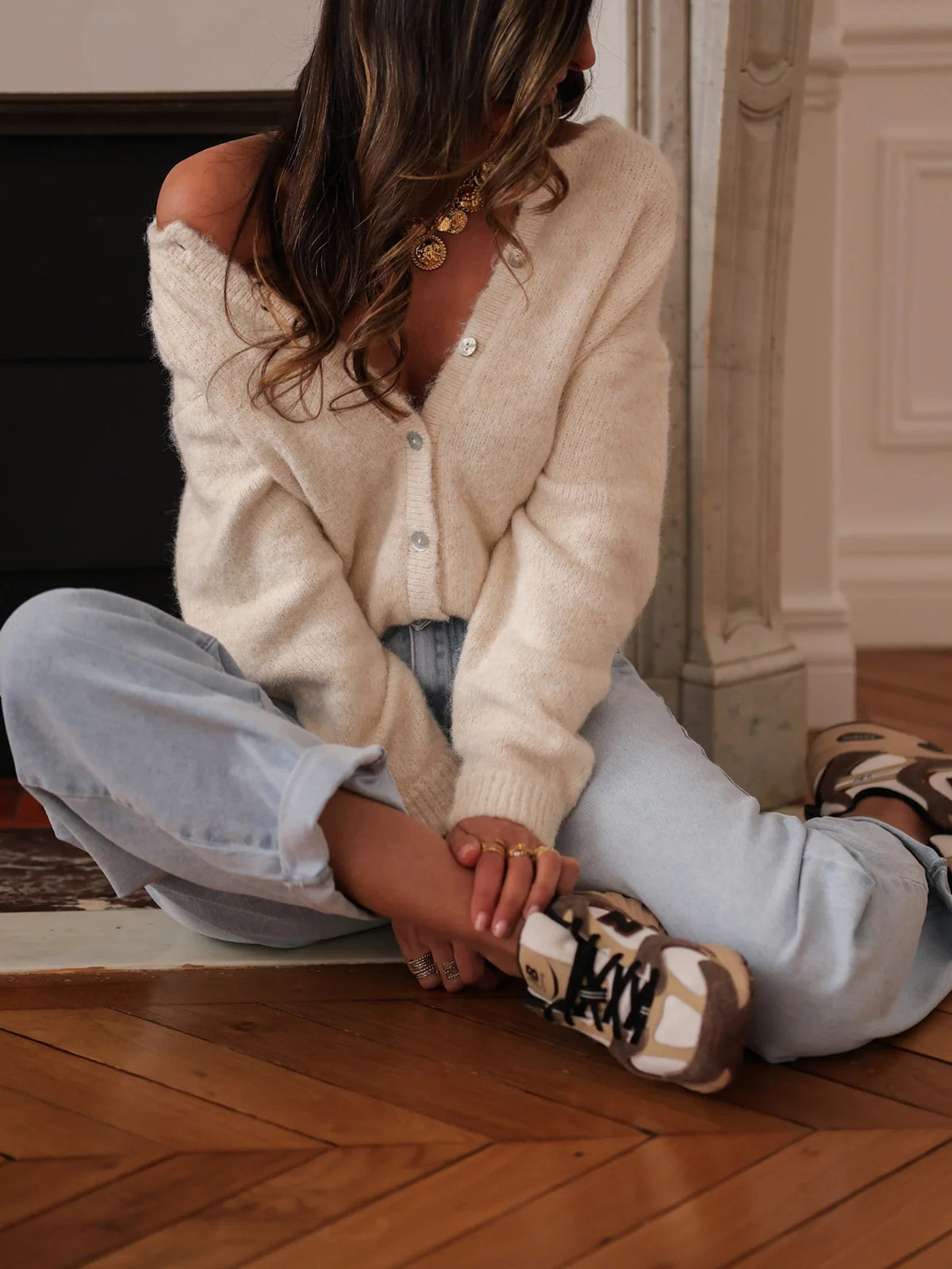 Brushed Knit Button Cardigan With Deep V Neckline - Apricot - 2