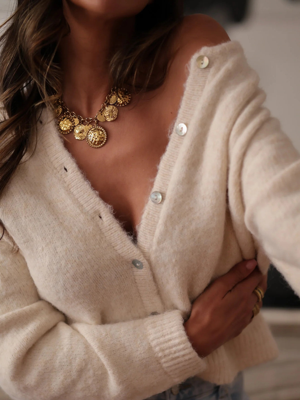 Brushed Knit Button Cardigan With Deep V Neckline - Apricot - 3