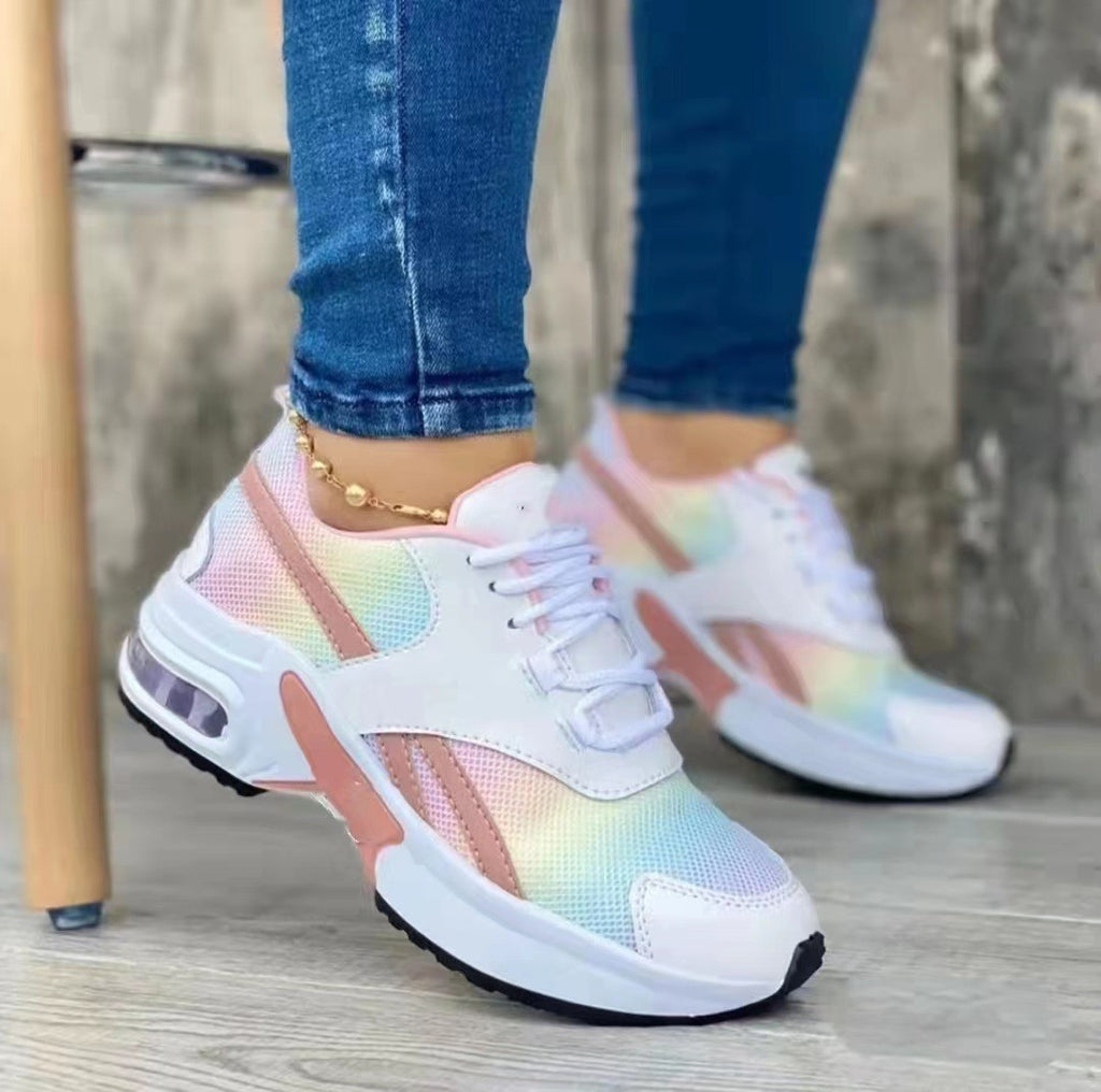 Chunky Air Cushion Lace Up Mesh Sneakers - Rainbow