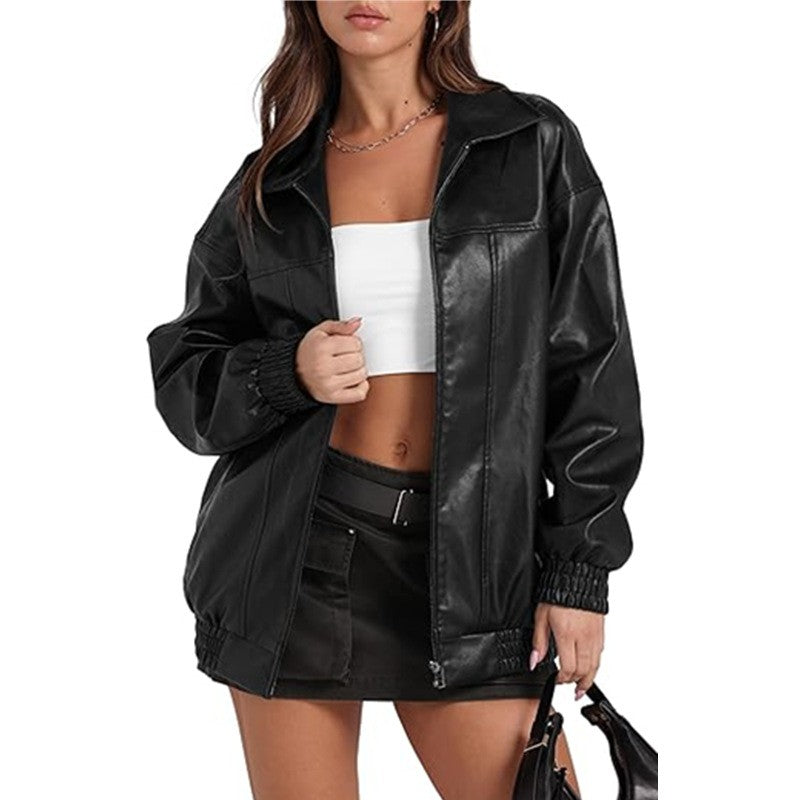 Faux Leather Zip Front Oversized Bomber Jacket - Black