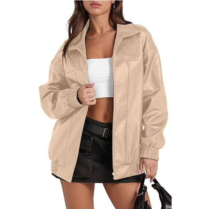 Faux Leather Zip Front Oversized Bomber Jacket