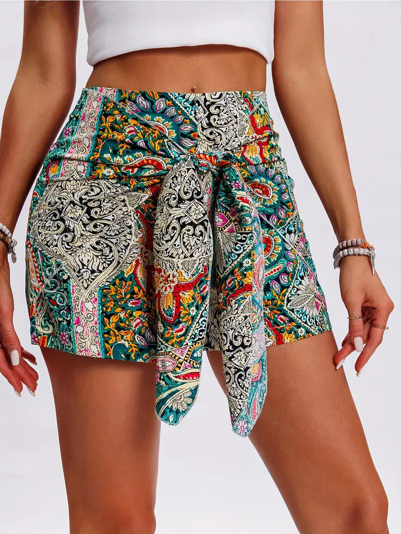 Paisley Wrap Shorts With Sash Tie Waist - Green