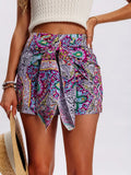 Paisley Wrap Shorts With Sash Tie Waist - Purple