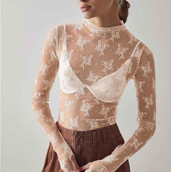 Floral Lace Turtleneck Sheer Fitted Top - Beige