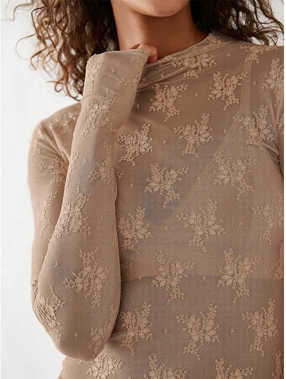 Floral Lace Turtleneck Sheer Fitted Top - Toffee - 1