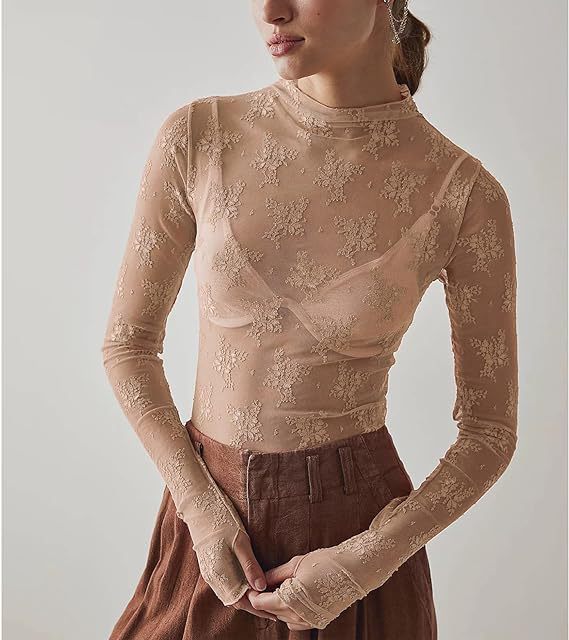 Floral Lace Turtleneck Sheer Fitted Top - Toffee - 2