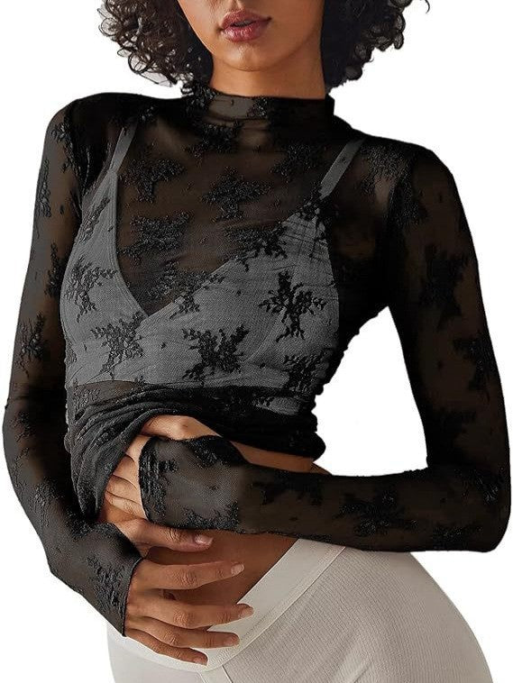 Floral Lace Turtleneck Sheer Fitted Top - black