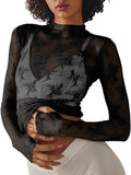 Floral Lace Turtleneck Sheer Fitted Top - black