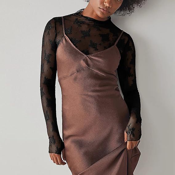 Floral Lace Turtleneck Sheer Fitted Top - black - 1