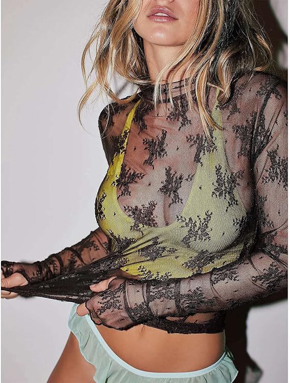Floral Lace Turtleneck Sheer Fitted Top - black - 2