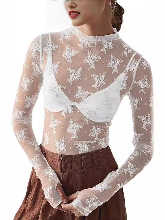 Floral Lace Turtleneck Sheer Fitted Top - white
