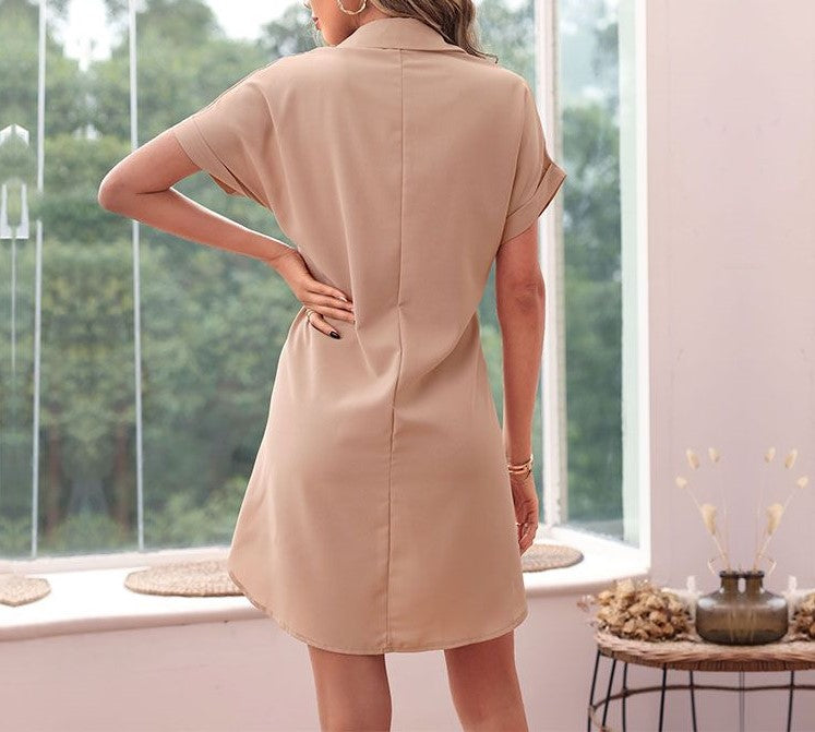 Twist Front Collared Mini Shirt Dress - Khaki - 5