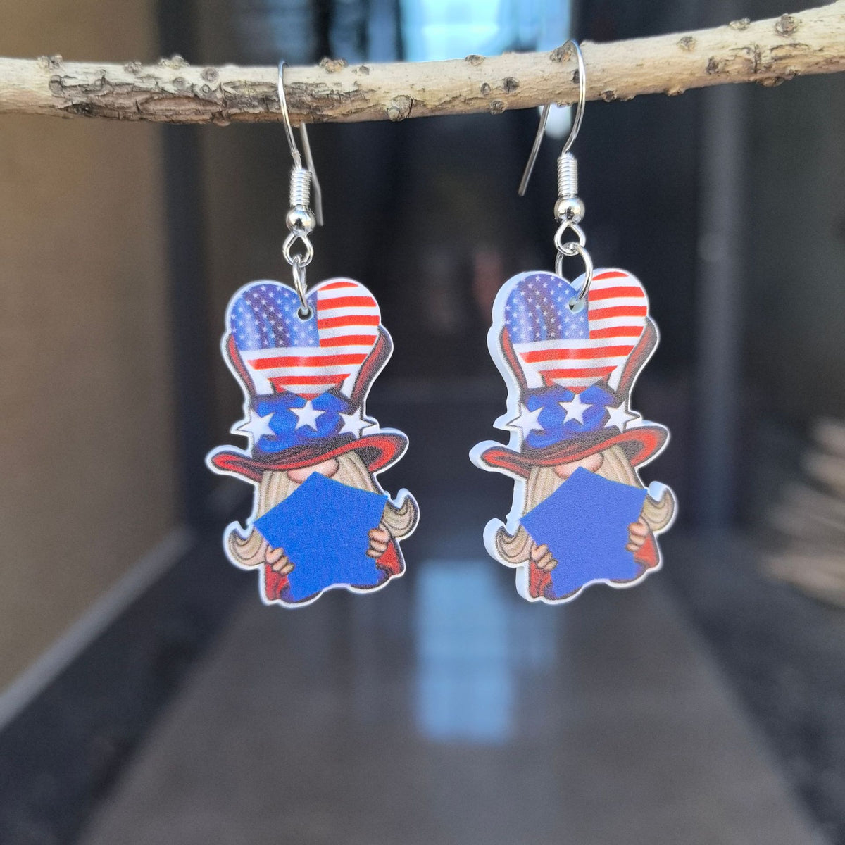 Patriotic Gnome Acrylic Dangle Earrings - Flag
