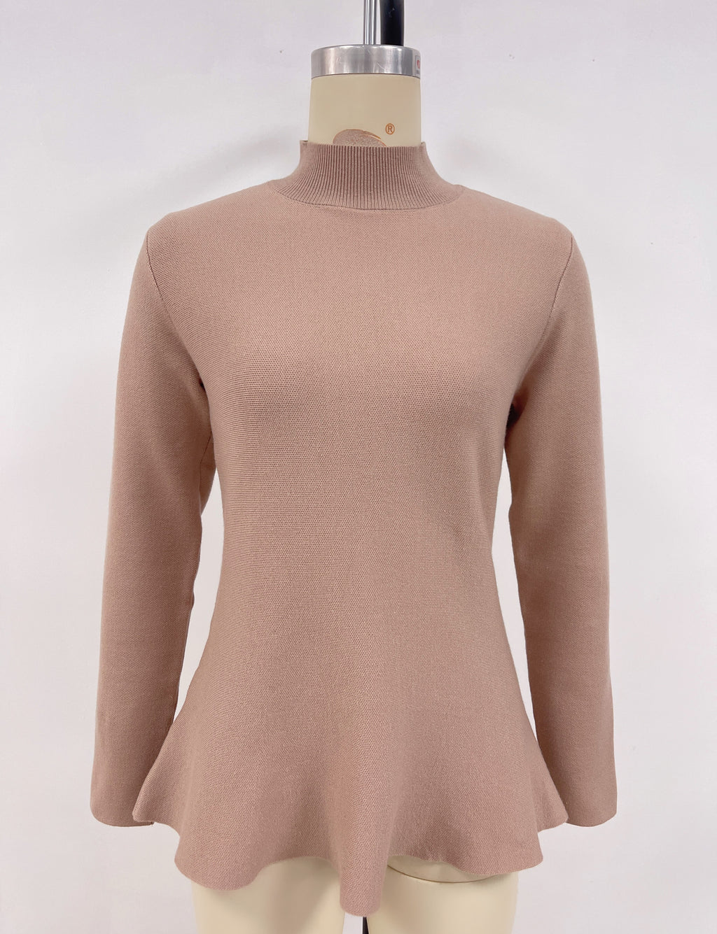 Mock Neck Peplum Hem Knit Sweater - Khaki