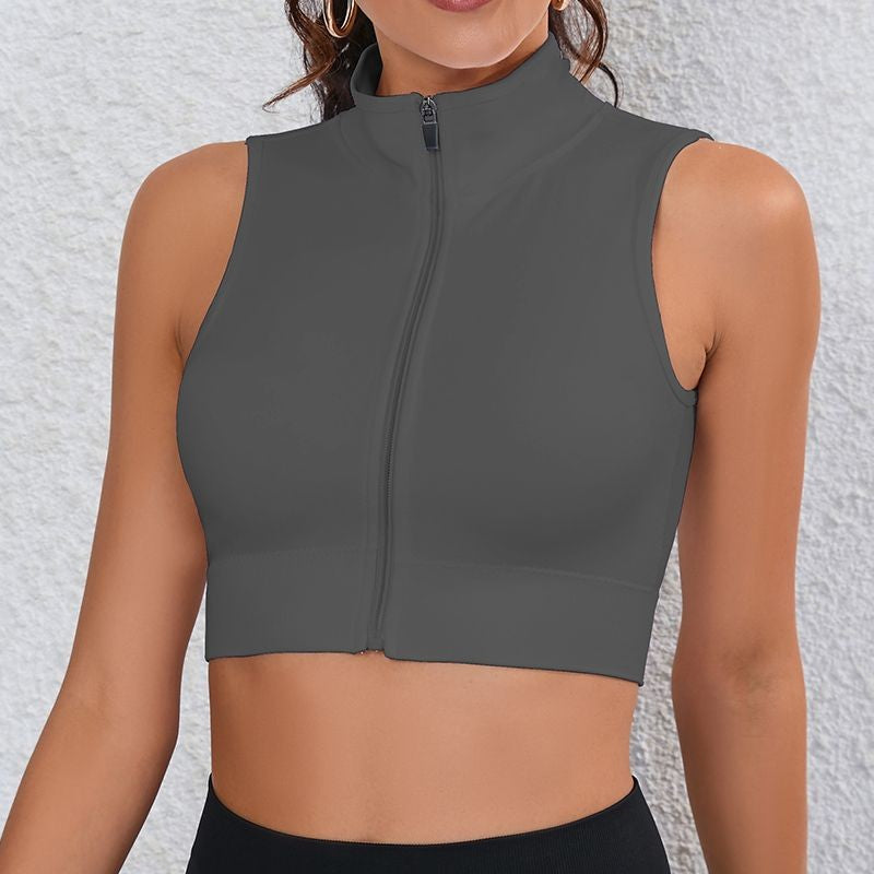 Zip Front Mock Neck Sleeveless Crop Workout Top