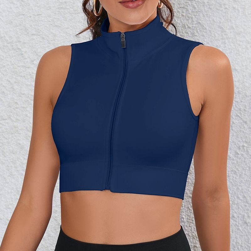 Zip Front Mock Neck Sleeveless Crop Workout Top