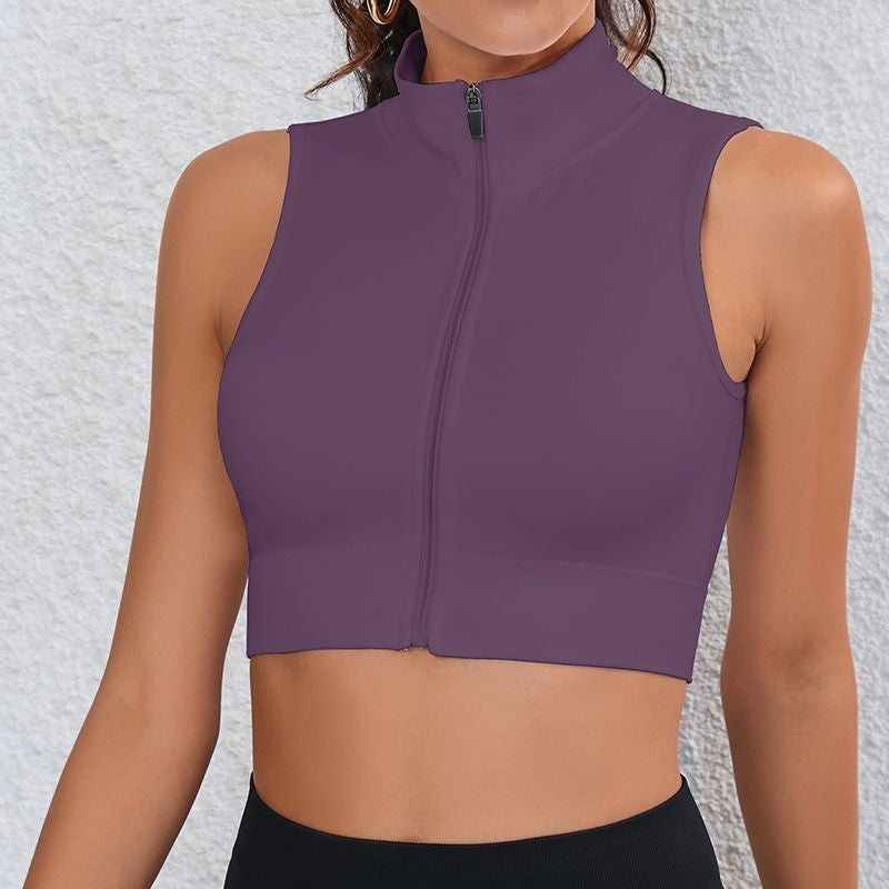 Zip Front Mock Neck Sleeveless Crop Workout Top