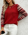 Nordic Patterned Sleeve Knit Pullover Sweater - Red