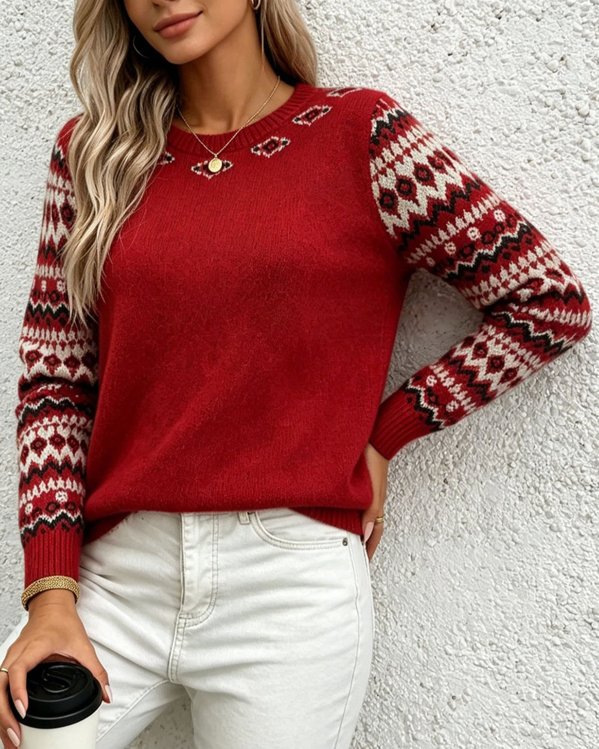 Nordic Patterned Sleeve Knit Pullover Sweater - Red