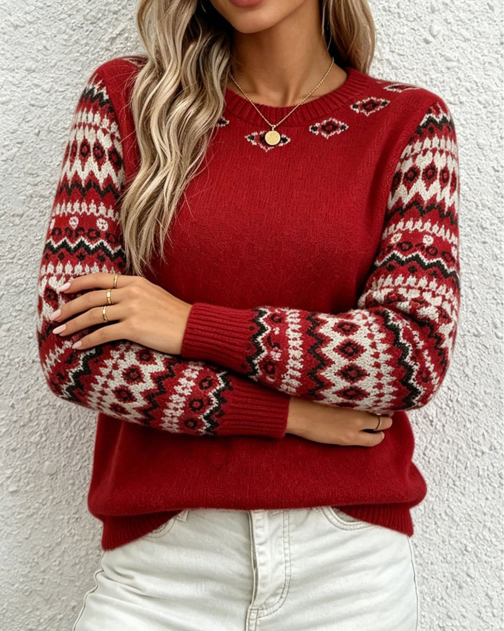 Nordic Patterned Sleeve Knit Pullover Sweater - Red - 1