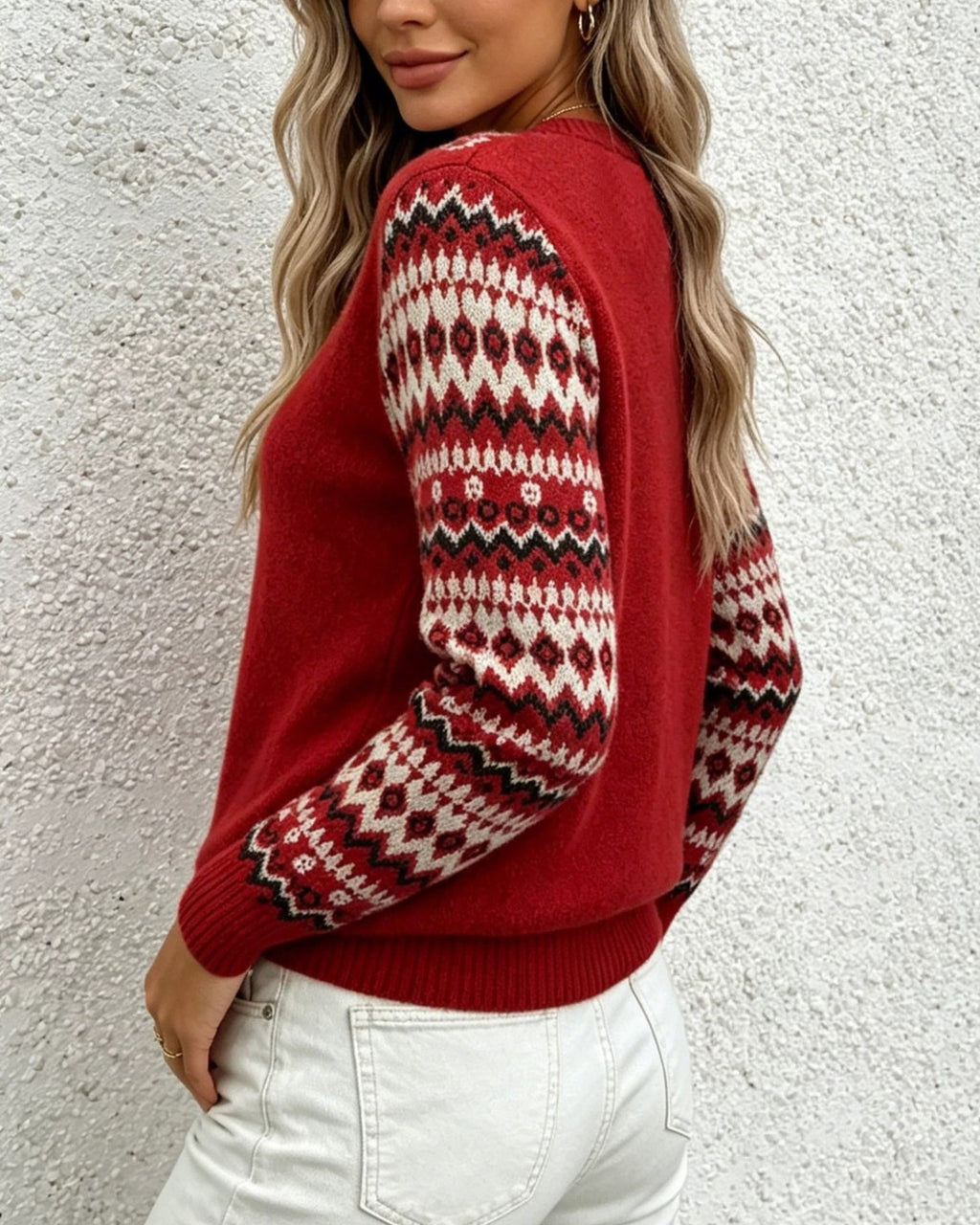 Nordic Patterned Sleeve Knit Pullover Sweater - Red - 2