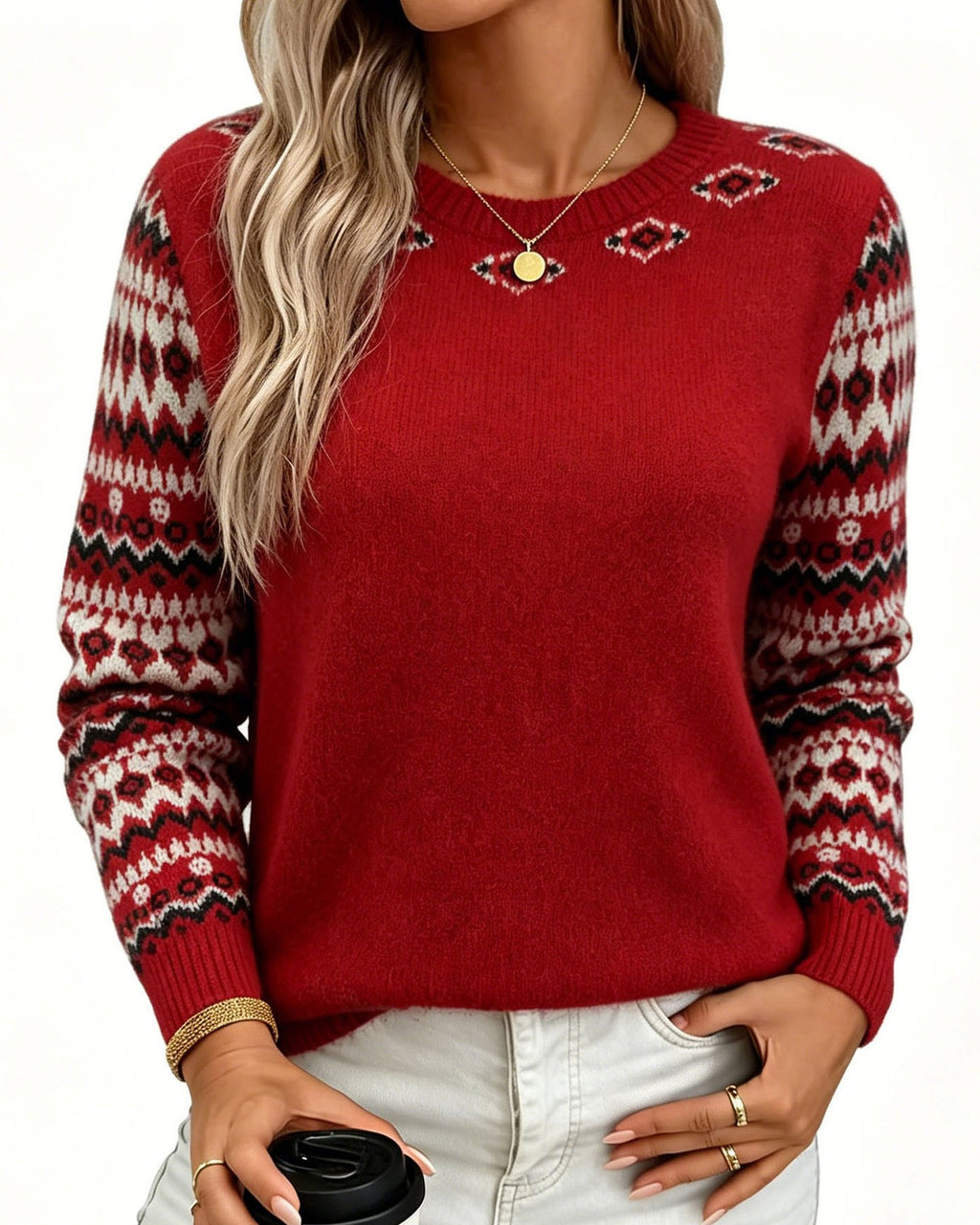 Nordic Patterned Sleeve Knit Pullover Sweater - Red - 3