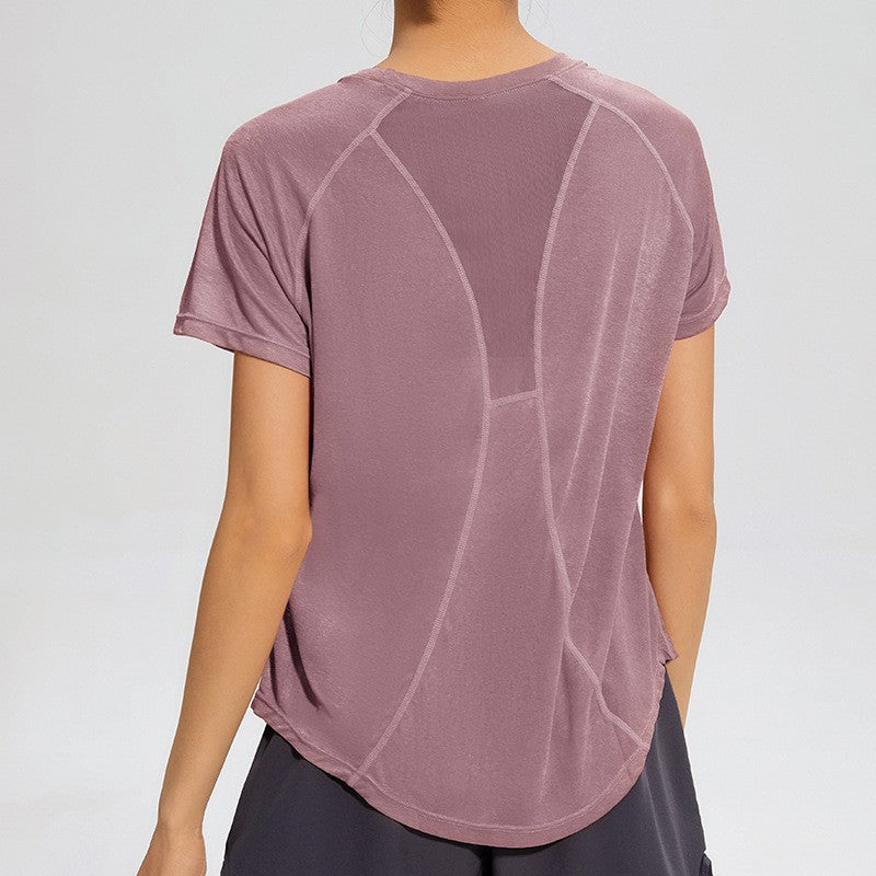 Mesh Back Raglan Sleeve Relaxed Workout Tee - Mauve
