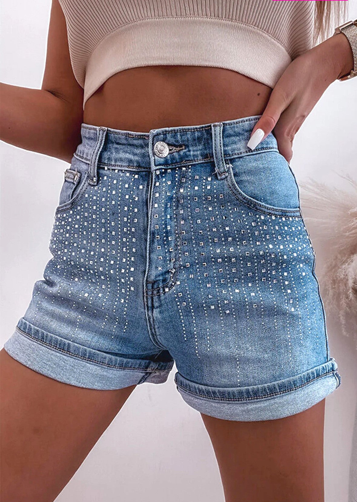 Rhinestone Studded High Waist Denim Shorts - Blue