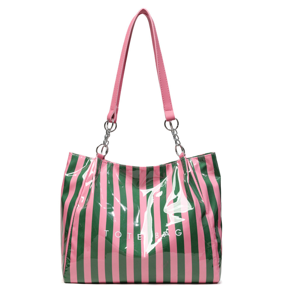 Candy Stripe Vinyl Shopper Tote Bag - Green