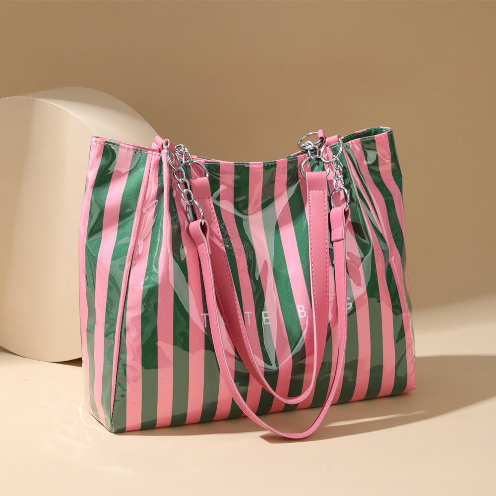 Candy Stripe Vinyl Shopper Tote Bag - Green - 1