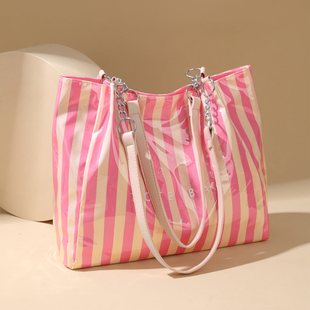 Candy Stripe Vinyl Shopper Tote Bag - Pink - 1