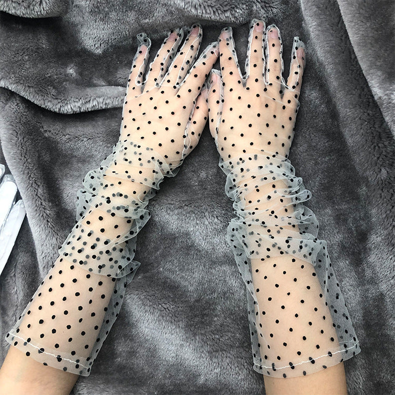 Sheer Dotted Tulle Ruffle Long Gloves - Black