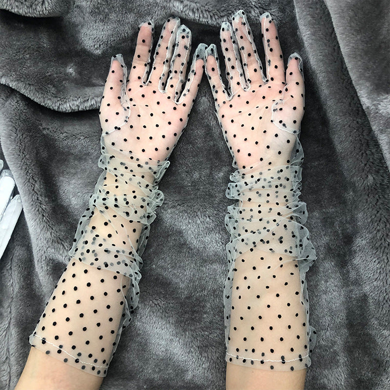 Sheer Dotted Tulle Ruffle Long Gloves - Black - 1