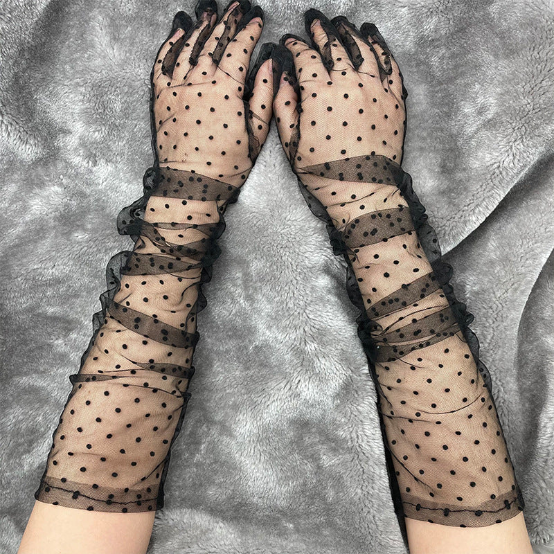 Sheer Dotted Tulle Ruffle Long Gloves - BlackDot