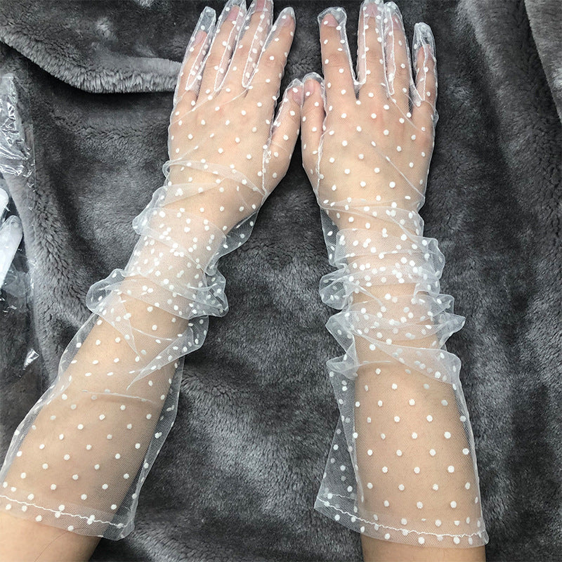 Sheer Dotted Tulle Ruffle Long Gloves - White