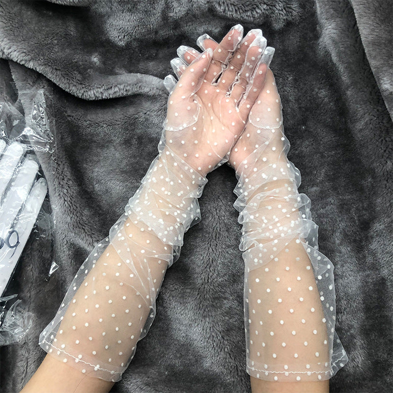 Sheer Dotted Tulle Ruffle Long Gloves - White - 1
