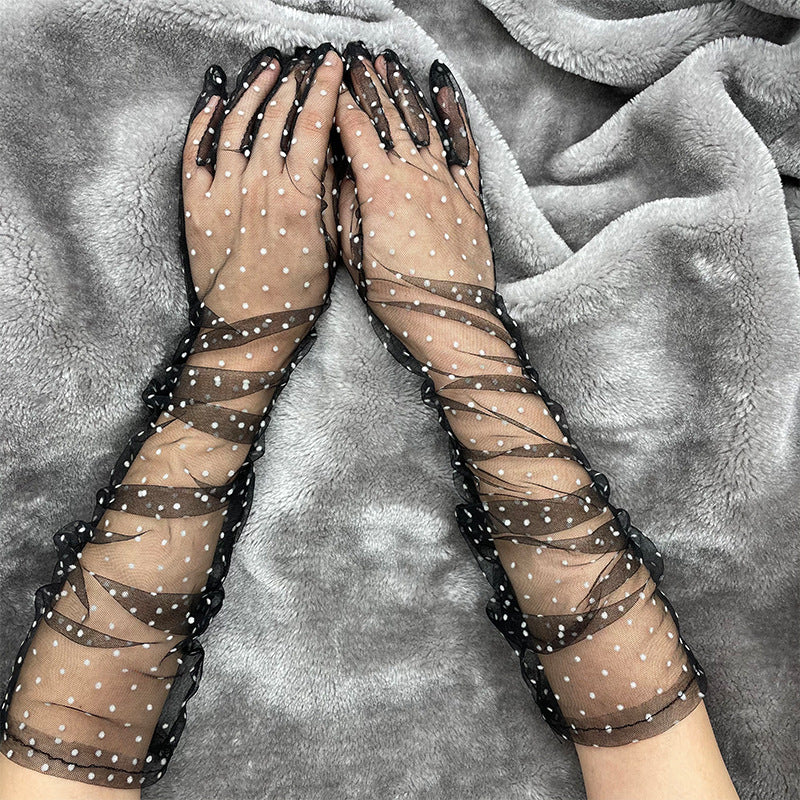Sheer Dotted Tulle Ruffle Long Gloves - WhiteDot