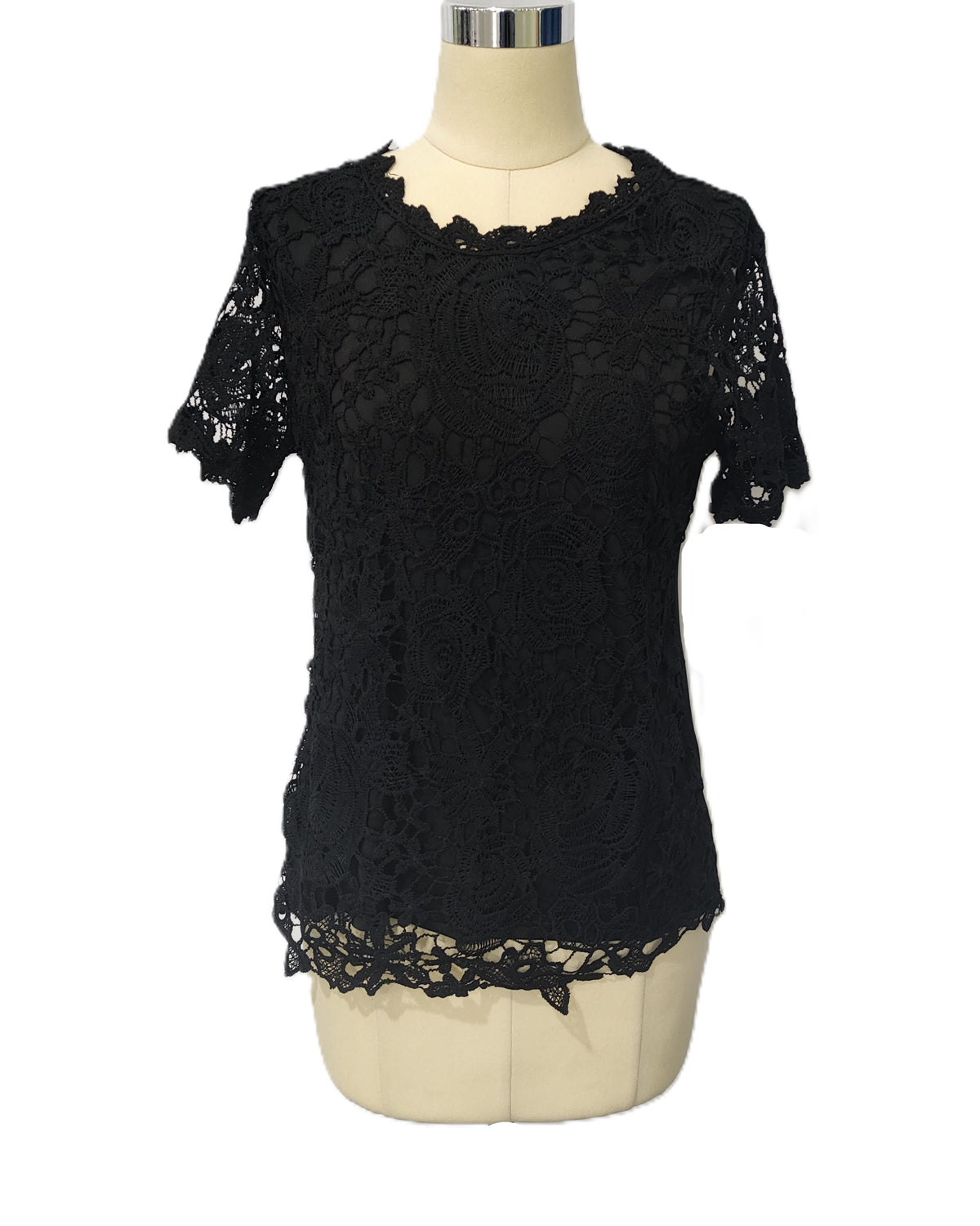 Crochet Lace Short Sleeve Top - Black