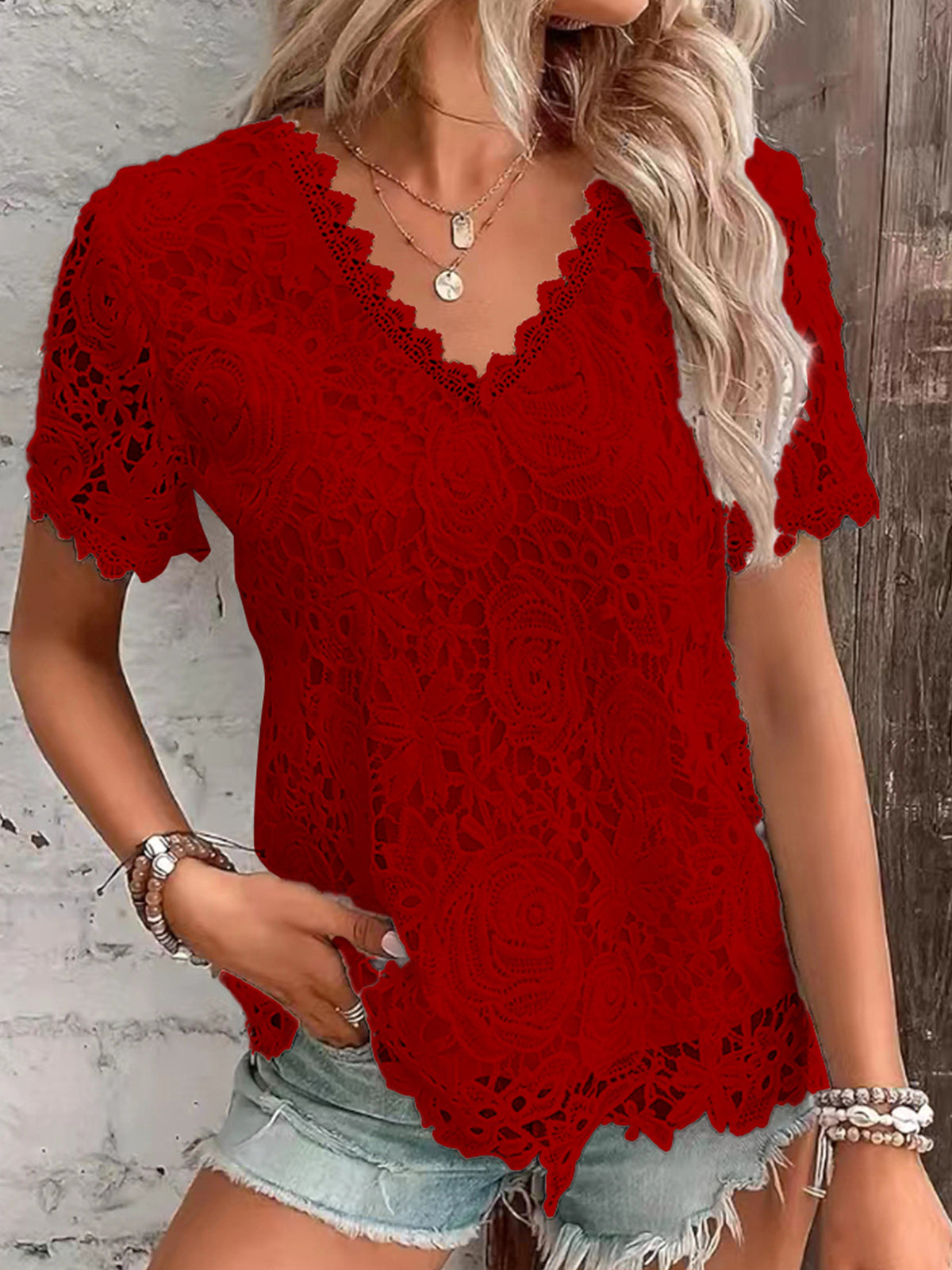 Crochet Lace Short Sleeve Top - Red